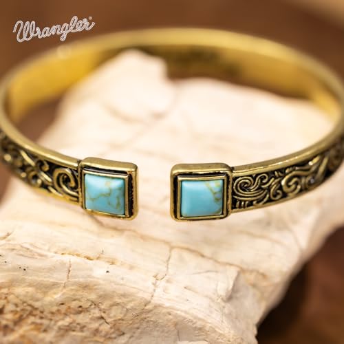 Montana West Wrangler Cuff Bracelet for Women Western Turquoise Adjustable Open Bangle Silver Plated Carved Floral Cowgirl Country Jewelry - color: Gold-Turquoise