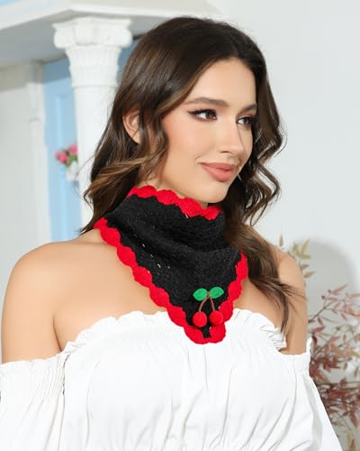 AWAYTR Crochet Head Scarf Hair Bandanas Women Knit Bandana Headband Scarf Tie-Back Head Coverings Floral Headscarf - color: Cherry - Black + White