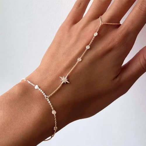 Silver Gold Ring Hand Chain Bracelet for Women non Tarnish Star Dainty Bracelets Hand Chain Ring Stackable Chains Bracelet - color: gold