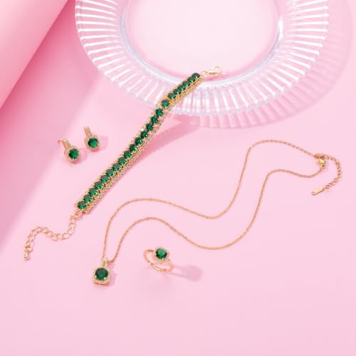 Paxuan 4pcs Cubic Zirconia Wedding Jewelry Sets for Bride Bridesmaid Cubic Zirconia Pendant Necklace Earrings Link Tennis Bracelet Open Ring Set for Women - color: Gold Plated Emerald Cubic Zirconia