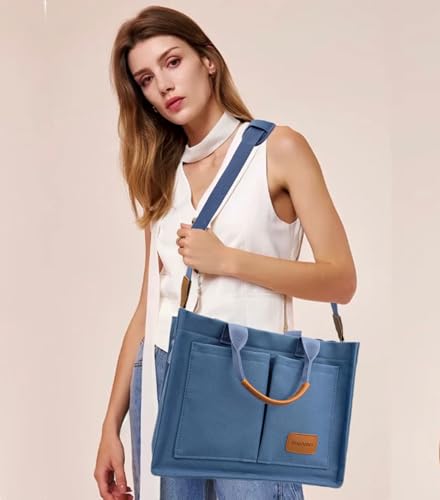 Large Canvas Tote Bag for Women Work Tote Bags with Pockets Laptop Crossbody Purses Everyday Bag Handbags for Travel - color: New Upgrade Plus Blue