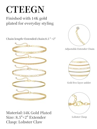 14K Gold/Silver Plated Ankle Bracelets for Women Anklet Set Waterproof Tarnish Resistant Adjustable Dainty Layered Lightweight Hypoallergenic Vacation Beach Pool Party Summer Jewelry Gift - style: Style5