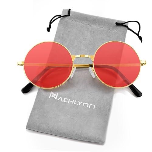NACHLYNN Round Hippie Sunglasses Metal Border Circle Hippie Glasses UV380 Protection 70s Sunglasses for Men Women Party Favor - color: Red
