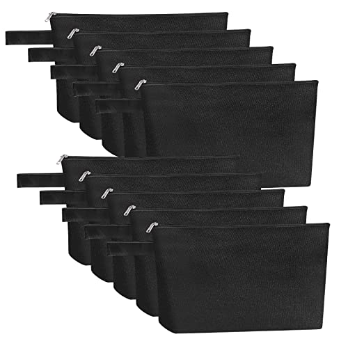 10 Pieces Cotton Canvas Makeup Bag with Bottom, Multi-Purpose Cosmetic Bag with Zipper Travel Toiletry Pouch, Blank DIY Craft Bag Pencil Bag (M, Black), MN-WB07 - color: Black, size: M