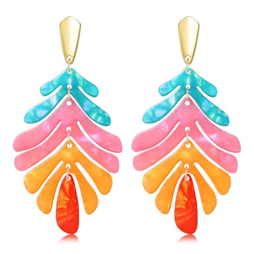 ARATLENCH Acrylic Pendant necklace Earrings – Long Statement Leaf Charm Necklace Tortoise Resin Palm Leaf Earrings Fashion Necklaces Earrings for Women - color: colorful