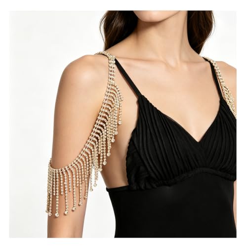 Rhinestone Shoulder Chain Jewelry Crystal Tassel Arm Chain Sexy Festival Rave Bridal Wedding Arm Chain Jewelry for Women - color: Gold