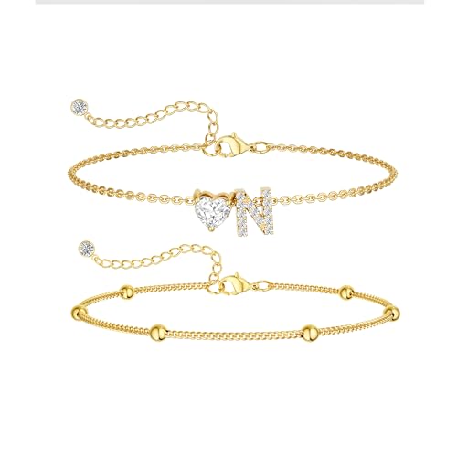 CAROVO Gold Ankle Bracelets for Women Waterproof 14K Real Gold Plated CZ Initial Anklet for Women Dainty Layered Letter A-Z Heart Ankle Bracelets Handmade Adjustable Anklet Summer Beach Jewelry - style: N
