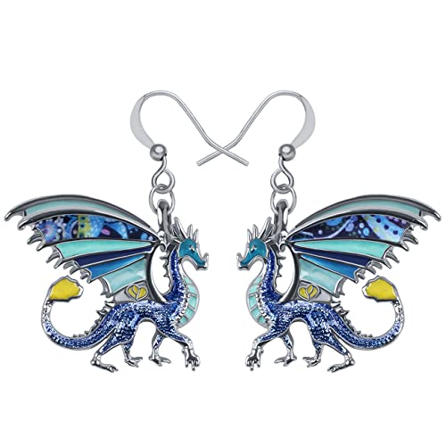 Enamel Alloy Dinosaur Fantasy Dragon Earrings Drop Dangle Unique Animal Jewelry For Women Dragons Gifts - color: Azure