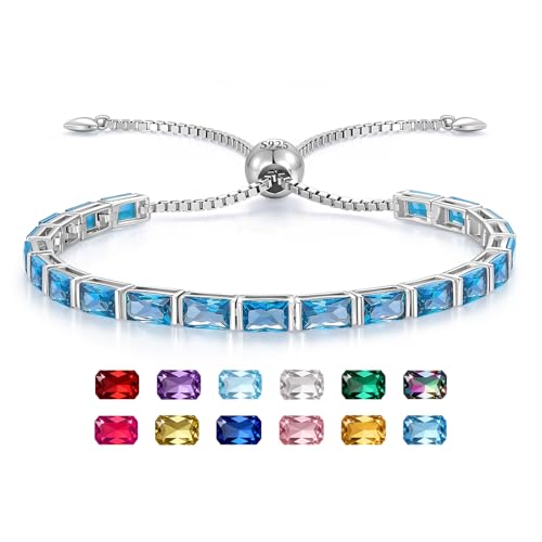 Radiant Cut Birthstone Tennis Bracelets for Women, Adjustable 6–9 Inches White Gold Plated Sterling Silver Bracelet, Hypoallergenic Anniversary Birthday Valentine’s Day Gift for Her - color: 12-Swiss Blue Topaz