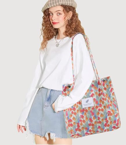 Corduroy Tote Bag for Women Small Canvas Shoulder Purse Cord Handy Bag with Inner Pocket | with Front Pocket - color: 03 Tulip