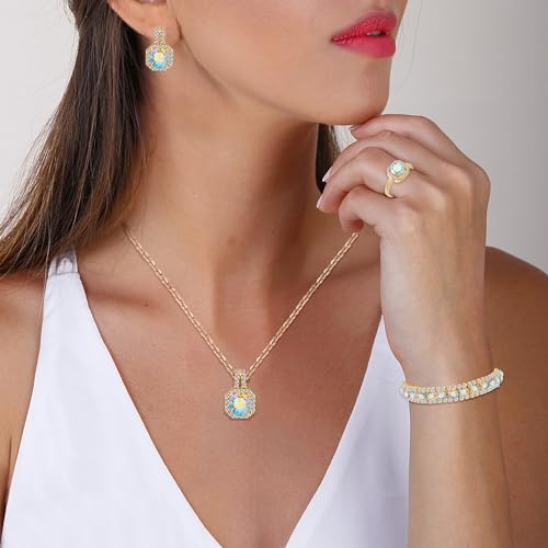 Paxuan 4pcs Cubic Zirconia Wedding Jewelry Sets for Bride Bridesmaid Cubic Zirconia Pendant Necklace Earrings Link Tennis Bracelet Open Ring Set for Women - color: Gold Plated Iridescent AB Cubic Zirconia