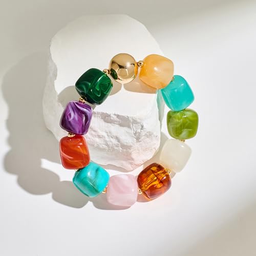 Multicolor Chunky Beaded Bracelet for Women Bold Acrylic Resin Stretch Bracelet Summer Beach Statement Bracelets Trendy Elastic Bangle Jewelry - color: Bead bracelet-colorful