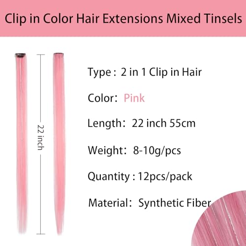 12pcs Clip in Pink Hair Extensions, 22 Inch Rainbow Hair with Silver Tinsels, Holiday Party Highlights - color: Pink