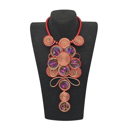 Statement African Necklace For Women African Jewelry Costume Earring Sets Tribal Fashion Colorful Big Rhinestone Crystal Pendent Collar Choker Bold Chunky Bib Handmade - color: D red