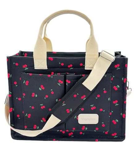 Large Canvas Tote Bag for Women Work Tote Bags with Pockets Laptop Crossbody Purses Everyday Bag Handbags for Travel - color: New Upgrade Plus Cherry Black