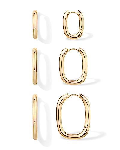 PAVOI 18K Gold Plated 925 Sterling Silver Posts Small Hoop Earrings for Women - Trendy Geometric Plain Chunky Huggie Earscape Piercing Pack - Hypoallergenic Everyday Gold Hoop Earrings Set - style: Rectangle