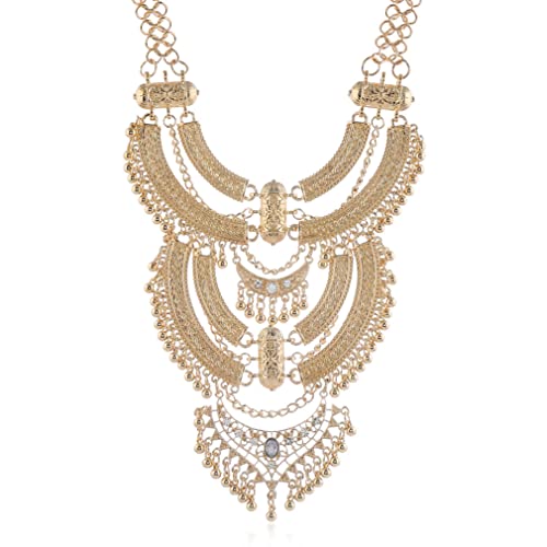 YAZILIND Clavicle Chunky Bib Necklace Layered Tassels Rhinestone Exaggerated Vintage Ethnic Long Engraved Bohemian Statement - color: Golden