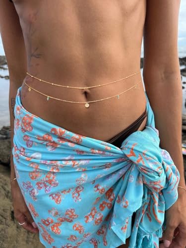 MFRYK 2PCS 14K Gold Plated Waist Chain Layered Pearl Cuban Beaded Satellite Figaro Belly Body Chain Boho Beach Waist Chains For Women Adjustable Waterproof Sexy Bikini Body Chain Jewelry For Women - style: Boho Green Layered-Gold