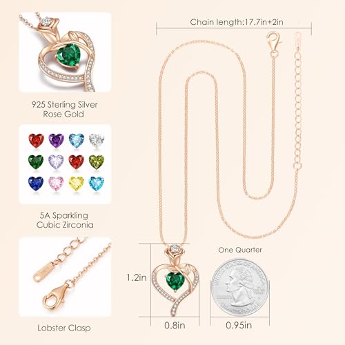 LOUISA SECRET Rose Flower Heart Birthstone Necklaces for Women, 925 Sterling Silver Jewelry, Pendant Heart Necklaces Birthday Anniversary Christmas Gift for Women Wife Mom Girlfriend Lady - color: Rose Gold-05-May