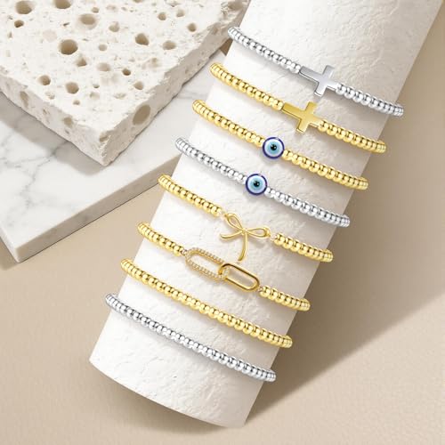 Elastic Beaded Charm Bracelets for Women - Adjustable Stackable Dainty Bracelet with Gold or Silver Charms, Jewelry Gift for Her - style: Gold-Pure