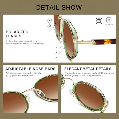 CARFIA Retro Round Sunglasses for Women Polarized UV Protection, Durable Acetate-Metal Frame Designer Eyewear CA1951 - color: 1. Translucent Green Frame + Gradient Brown Lens
