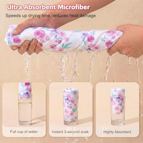 Basumee Microfiber Hair Towel Wrap for Kids 2 Pack Rapid Drying Hair Towel with Button Hair Turbans for Wet Hair Wraps Head Towel Wrap for Women and Girls, Flower - color: Flower and Butterfly