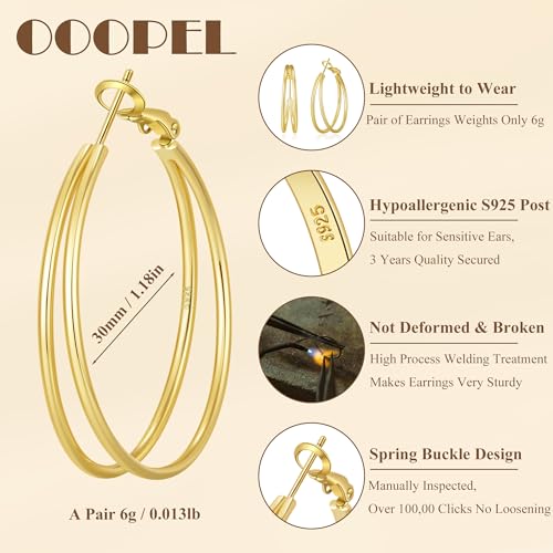 OOOPEL Large Thin Double Hoop Earrings for Women Lightweight Hypoallergenic 925 Sterling Silver Post 14K Gold Hoops Non Tarnish Sturdy Big Thin Double Layered Hoop Earrings 30/40/50/60mm - color: Gold, size: 30mm