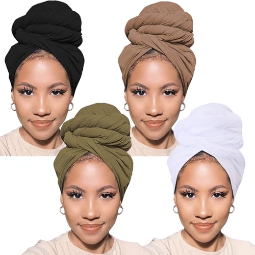 Head Wraps for Black Women African Head Wrap Lightweight for Women Long Plain Turban Hair Scarf Scarves - color: 4 Pcs-black, Camel, Army Green, White