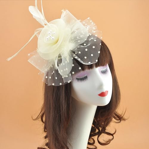 Fascinators Hat Pearl Earrings Necklace Bracelets Gloves 1920s Headband Hair Clips Women Flower Mesh Feather Headpiece Headwear Halloween Carnival Cocktail Wedding Tea Party Accessories Beige - color: Beige
