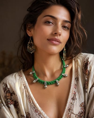 athizay Boho Charm Thread Choker Necklace – Braided Bohemian Choker with Oxidized Silver Dangle Charms | Handmade Boho Jewelry for Women - color: Green, silver
