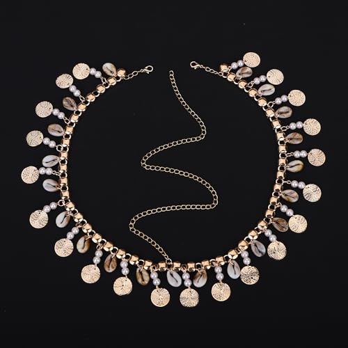 Teyglen Vintage Golden Coin Head Chain with Pearl Shell Tassel Hair Chain Boho Sequins Headpiece Wedding Head Jewelry for Women Beach Halloween Costume Accessory