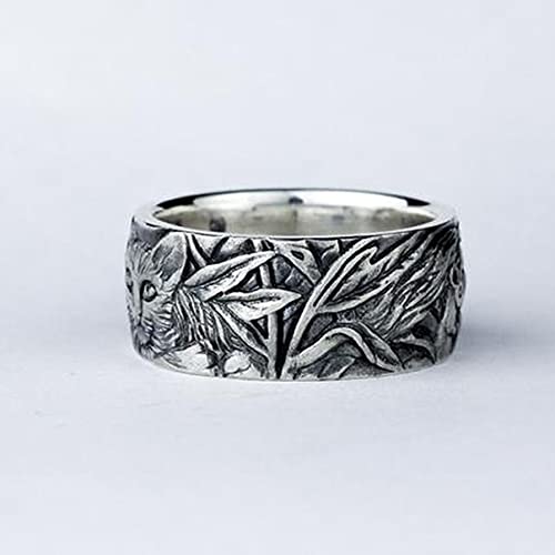 Retro Vintage S925 Sterling Silver Band Ring, Engraved Forest Flower Leaf Cat and Mouse Design, Realistic Relief, for Women and Men