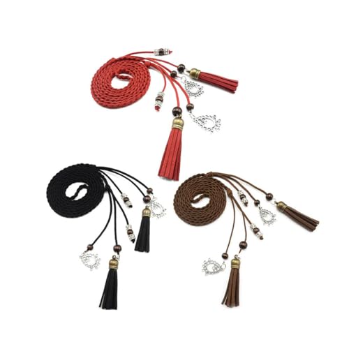 TeeYee Waist Belt Woven Knitted Rope/Chain PU leather 3 Pieces Tassel Rope Skinny Belt - color: 018blackredcoffee