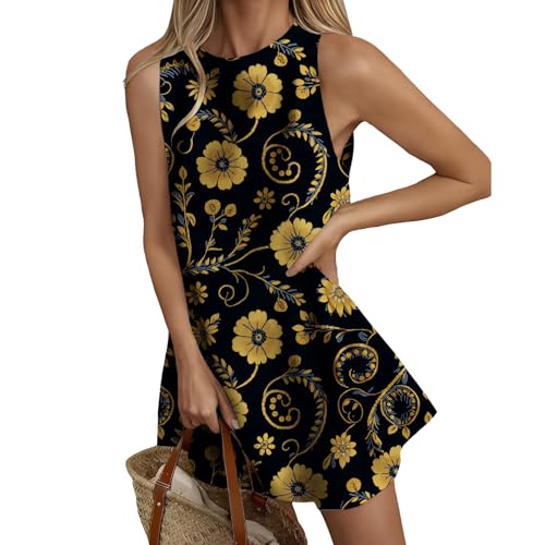 Aztec Geometric Mini Dress for Women Sleeveless Round Neck Outdoor Vacation Sundress Flowy Soft Lightweight Comfy - color: Black Yellow White, size: Small