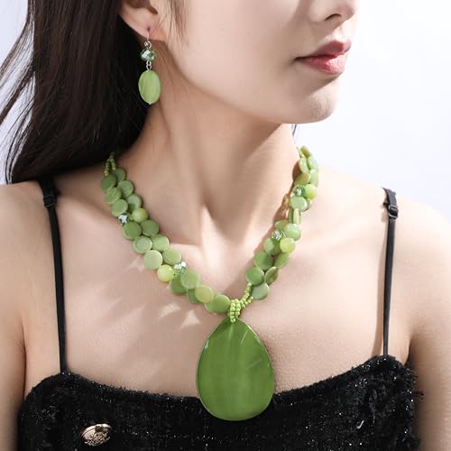 Big Teardrop Pendant Necklaces for Women Colorful Beaded Necklaces Statement Set for Holiday. - color: Green