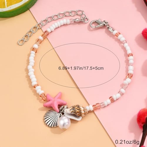 Ankle Bracelet for Women Beach Puka Shell Anklet Waterproof Starfish Seashell Pearl Anklets Stretch Beaded Ankle Bracelets Boho Beach Anklet Jewelry for Summer Beach Party - color: Pink