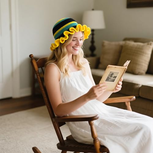 Handmade Crochet Bucket Hat for Women Boho Chic Slouchy Design Colorblock Ruffled Brim Festival&Daily Crochet Hat - color: Yellow Green Black