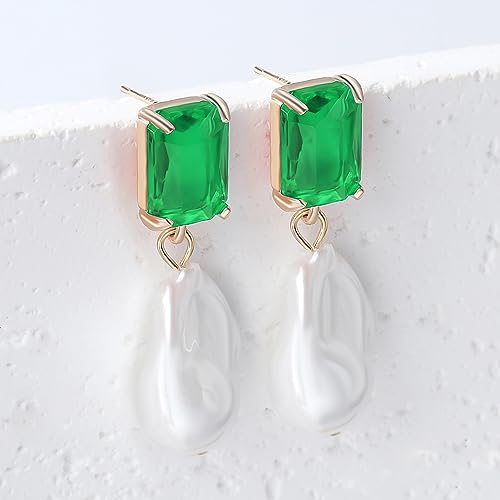 Fashion Pearl Drop Earrings for Women With Crystal - Rhinestone Statement Earrings with Pearl Dangling Studs - Large White Baroque Pearl Earrings for Bridesmaid Wedding Party Birthday Holiday - color: Green
