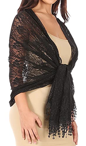 Sakkas Mari Women's Large Lightweight Soft Lace Scarf Wrap Shawl Floral and Fringe - color: Black Lace