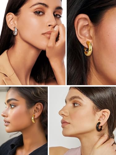 Stainless Steel Chunky Hoop Earrings For Women, Minimalist and Chic, Black/Gold Plated, Round Hoops Earrings Hypoallergenic, Size: 30mm/40mm/60mm/80mm, Come with Box - color: 1. Black, size: 20MM