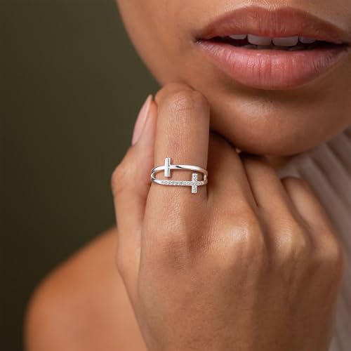 FISSEN JEWELRY Gold Rings for Women, Non Tarnish Dainty 14k Gold Plated Silver CZ Cross Ring Cute Cubic Zirconia Pinky Thumb Stackable Band Silver Finger Rings Size 6-10 Jewelry for Her - color: Silver Diamond Cross