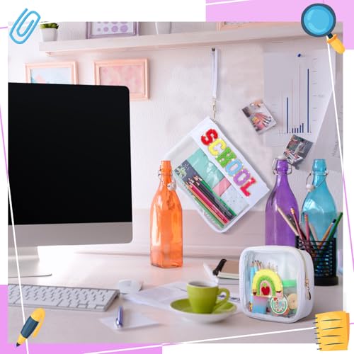 Hillban 2 Pcs Welcome Back to School Gift Bags Pencil Pouch Clear Case Chenille Letter Makeup Cosmetic Bags Toiletry Travel Purse First Day of School Waterproof PVC Organizer Storage for Women - style: Pencils Theme