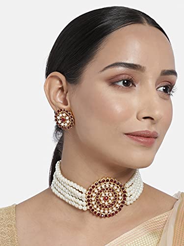 Aheli Pearl Diamond Choker Necklace & Round Earrings Gift for Women Indian Traditional Bollywood Fashion Bharatanatyam jewellery set - color: White & Maroon