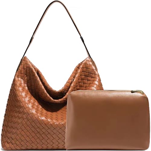 JINMANXUE Women Boston Bag, Woven Hobo Tote Handbag and Purses, Female Satchel Messenger Bags, Fashion Shoulder Crossbody Bag - color: Amber Brown
