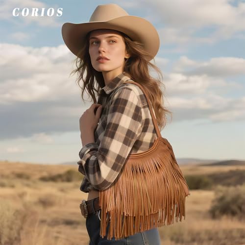CORIOS Bohemian Fringe Leather Shoulder Bag for Women Dual-Side Tassel Handbag Underarm Purse Soft PU Leather Top Handle Bag - color: Brown