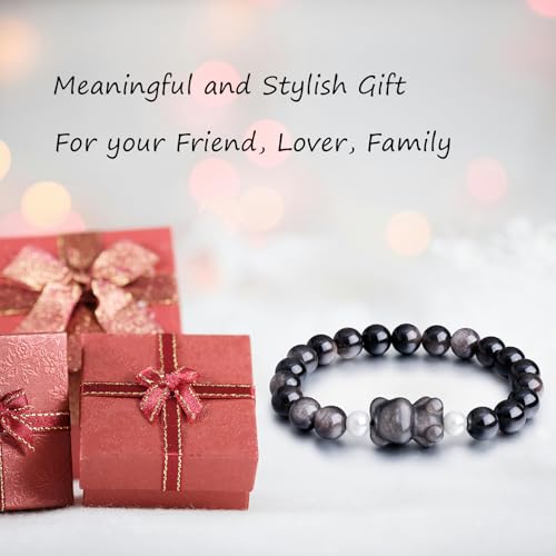 Beaded Bracelets for Women, Black Obsidian Money Attraction Bracelet, 8mm Healing Relax Anxiety Luck Crystal Bead Bracelets, Adjustable Jewelry Feng Shui Stretch Bracelet Cat Lover Gifts for Women Men - color: Black Bear