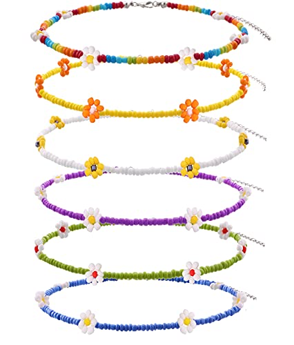 Beaded Choker Necklaces For Women Vsco Boho Handmade Flower Necklace Cherry Cute Necklace For Teen Girls Beach Necklace Set 6 Pieces - color: StyleA-02