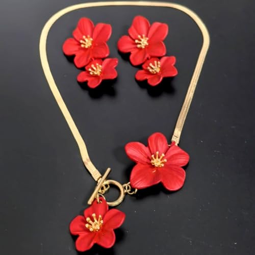 WCRAZYE Gold Flower Earrings Necklace Set for Women Boho Summer Daisy Floral Statement Earrings Brides Wedding Guest Dresses Jewelry - color: Red