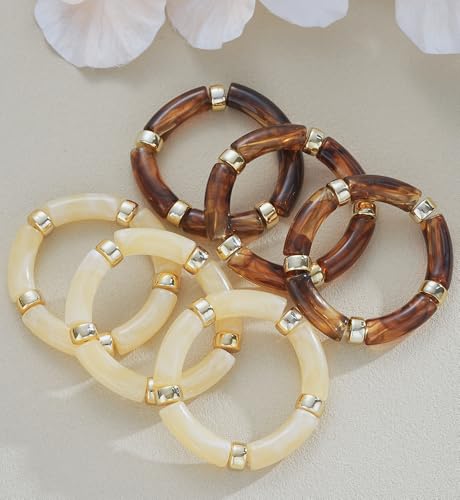 iF YOU 6pcs Chunky Acrylic Bangle Bracelets for Women, Resin Bamboo Brown Stretchy Bracelet Stack, Fashion Jewelry for Women - color: 6pcs-beige & brown bracelets