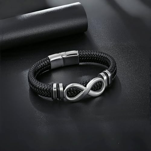 Men's Leather Infinity Bracelet Stainless Steel Number 8 Wristband Cuff Bangle Bracelets Gifts for Men, 8.3 & 9.1 inches - color: 01.Single-layers leather & silver infinity, size: 8.3inch(Fits most wrists.)